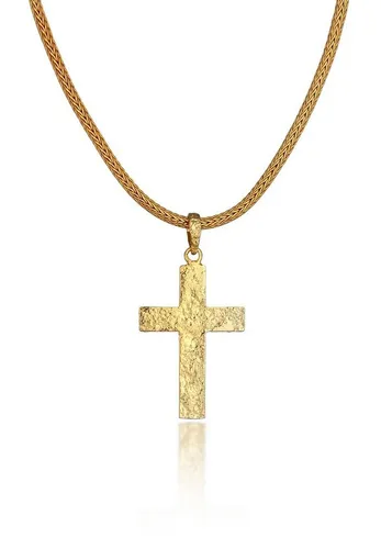 Kuzzoi Herren Silber-Halskette mit Kreuz-Anhänger - Elegante Herrenkette aus 925er Sterling Silber, vergoldet, mit gehämmertem Kreuz-Anhänger. Ideal als markantes Accessoire und Geschenk, kommt in hochwertiger Schmuckbox.