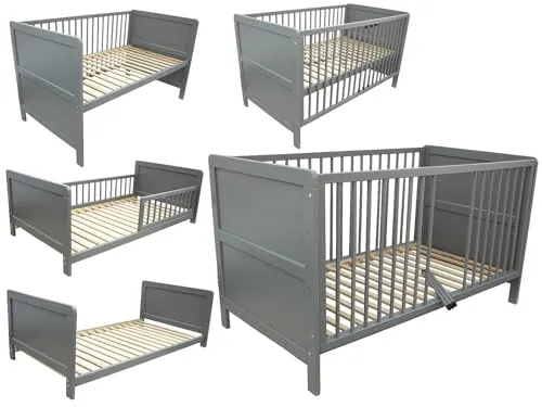 Micoland Kinderbett 3in1 grau - Juniorbett & Beistellbett 140x70 cm - Vielseitiges 3in1 Kinderbett aus Kiefernholz, höhenverstellbar in 3 Positionen, ideal für das Wachstum Ihres Kindes. Einfache Montage mit Anleitung.