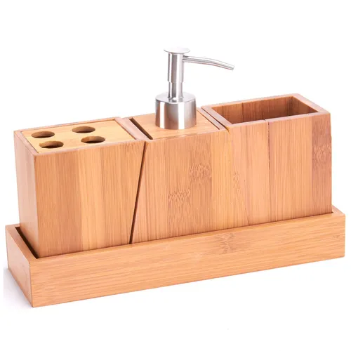 Badset Seifenspender Badezimmer Becher 4Tlg Zubehör Halter Badgarnitur Bambus