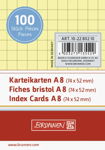 BRUNNEN 10-2280210 Karteikarten Karteikarton 180 g/m² A8 quer kariert gelb