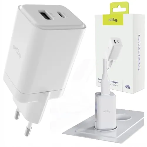 Allity Ladegerät 45W USB-C + USB-A - Handy-Ladegerät mit kompaktem Design, ideal für Reisen. Hohe Leistung von 45W und zwei Anschlüssen für das gleichzeitige Laden mehrerer Geräte.