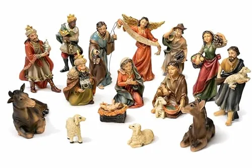 Faithful Treasure 15-teiliges Krippen-Set, handbemalte Figuren für Weihnachtskrippe, 10,2 cm hoch