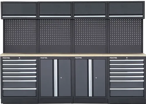 FEISTOS Werkbank Apollo 16 - Modulare Werkbank für die Werkstatt, bietet großzügigen Stauraum und moderne Metallleisten für einen stylischen Look. Ideal für Hobbyhandwerker und Profischrauber.