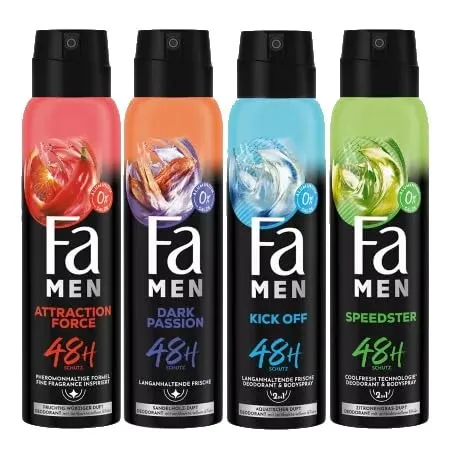 Fa For Men mit Anti-Transpirant Deospray Deodorant & Bodyspray Dark Passion & Attraction Force & Kick Off & Speedster, 4x150ml, Ausprobierpaket