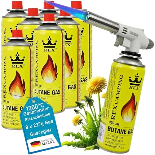 Gasbrenner mit 8x Kartusche 227g – Schweißbrenner max. 1300°C Temperatur – Butangasbrenner Piezozündung – Bunsenbrenner Küche BBQ Dessert Kochen - Küchenbrenner