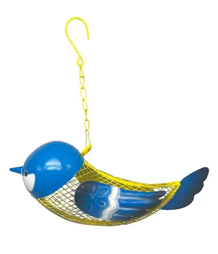Dehner Natura Premium Futterstelle Coco, dekorative Futterstation für Wildvögel, Futterspender robust/langlebig, inkl. Aufhängevorrichtung, ca. 26.8 x 12 x 8.5 cm, Metall, gelb/blau