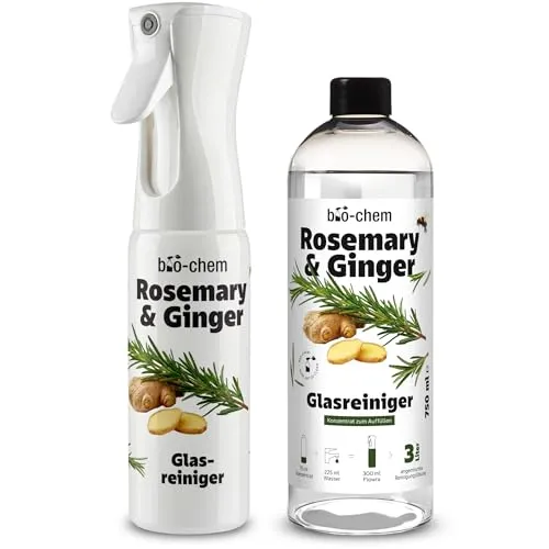 bio-chem Rosemary & Ginger Glasreiniger Konzentrat | Streifenfreier Glanz für Fenster und Spiegel - Erleben Sie streifenfreien Glanz mit dem bio-chem Glasreiniger Konzentrat. Die erfrischende Duftkomposition aus Rosmarin und Ingwer sorgt für ein angenehmes Raumklima. Ergibt bis zu 3 Liter Reinigungslösung für glasklare Ergebnisse.
