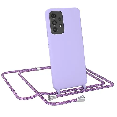 EAZY CASE - Handytasche zum Umhängen - kompatibel mit Samsung Galaxy A53 5G Handy Schutzhülle mit Band, Necklace Hülle, farbig TPU Case, Lavendel Lila mit Schnur Unicorn Clips Silber