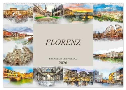 Dirk Meutzner | Florenz Hauptstadt der Toskana (Wandkalender 2026 DIN A2) - Entdecken Sie die Schönheit von Florenz in Aquarell! Dieser Wandkalender 2026 bringt Ihnen die Kunst und Geschichte der Stadt näher und ist ein echter Blickfang für Ihr Zuhause.
