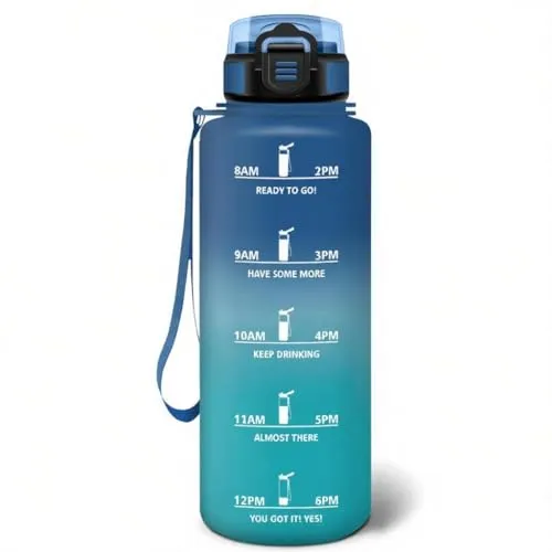 Motswedi Trinkflasche 1500 ml, Auslaufsicher, Wasserflasche BPA-Frei, Motivierende mit Zeitmarkierung, Trinkflasche mit Strohhalm Blau & Blaugrün