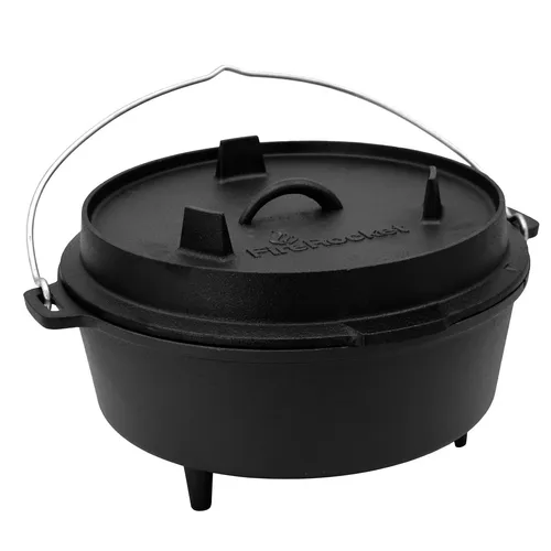 FireRocket Dutch Oven 6qt 5,5L mit Füßen - Premium Gusseisen Schmortopf, ideal für das Kochen über offenem Feuer oder Grillen, mit stabilen Füßen für sicheren Stand.