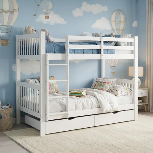 Homestyle4u Etagenbett für Kinder - Hochbett mit Stauraum in Weiß 90x200 cm - Praktisches Hochbett mit ausziehbarem Bettkasten für optimalen Stauraum. Flexibel montierbare Leiter und sicherer Rundumschutz machen es ideal für Kinderzimmer.