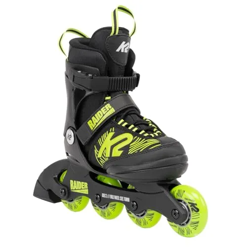 K2 Kinder Inlineskates RAIDER black_lime - Inliner für Kinder mit 5-facher Größenverstellung, ideal für wachsende Füße. Der K2-Softboot sorgt für besten Tragekomfort und Stabilität, während die 70 mm Rollen für ein sicheres Fahrgefühl sorgen.