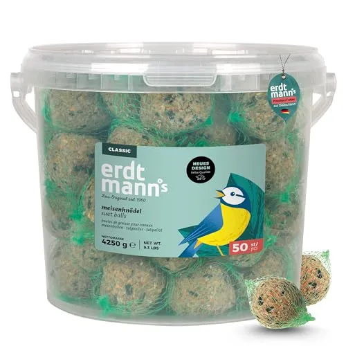 Erdtmanns 50 Meisenknödel mit Netz im Eimer 4,25 kg – Vogelfutter mit Getreideflocken & Sonnenblumenkernen – Ganzjahresfutter für Wildvögel – für Garten, Balkon & Bäume