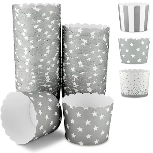Frau WUNDERVoll® 25 Muffin Backformen grau weiß Sterne, Durchmesser 6,1 cm/Muffins Muffinbackform Muffinform Form Backförmchen Cupcake Formen Förmchen Papier Cupcakeformen