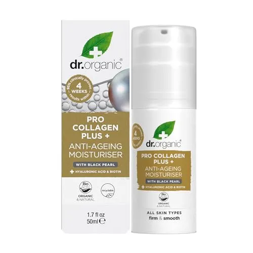 Dr Organic Pro Kollagen Plus Schwarze Perle, Hyaluronsäure, Gesundes Altern, Falten, Trockene & Empfindliche Haut, Natürlich, Tierversuchsfrei, Paraben- & SLS-frei, Recycelt & Recyclebar, Bio, 50ml