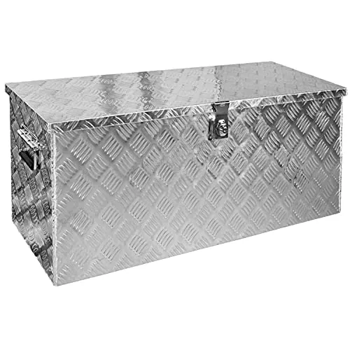 Trucky Anhänger-Deichselbox Truckbox Werkzeugkiste - Robuste Aluminium-Transportbox mit Gasdruckdämpfer, ideal für Werkstatt, Auto oder Garten. Sichere Aufbewahrung dank verschließbarem Design und selbsttätig einklappbaren Tragegriffen.