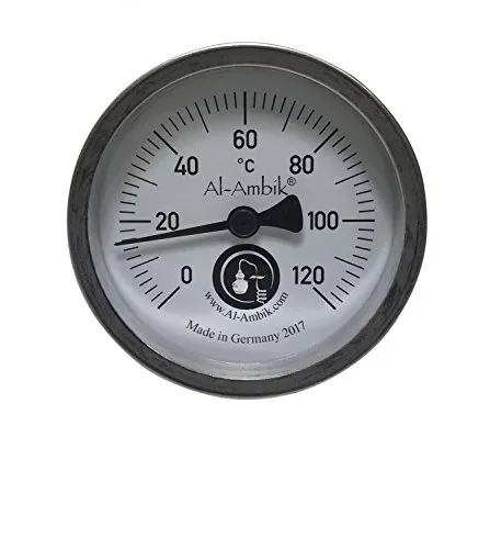 Al-Ambik® Thermometer zum Destillieren | ø6 cm Destillierthermometer | Deutsche Industrienorm Klasse 1 I Spezial Thermometer zum Destillieren I Temperaturmessgerät aufs Grad genau von 0-120°C