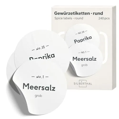 SILBERTHAL Gewürzgläser Etiketten Set (240 Stück) Rund – wasserfest & selbstklebend, 180 vorgedruckt + 60 blanko, rückstandslos ablösbar & wiederverwendbar, 2 Größen (Ø 4 cm / 30×15 mm), matt weiß