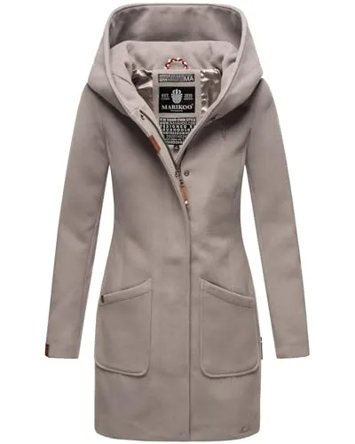 MARIKOO Damen Mantel Trenchcoat B819 in Zinc Grey - Funktionsjacke mit großer Kapuze und edler Glanz-Optik, ideal für kalte Tage – schützt Po und Beckenbereich vor Wind & Kälte.