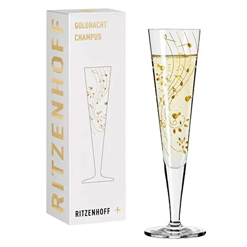 RITZENHOFF Champagnerglas Goldnacht 200 ml – Edles Design mit Echt-Gold - Luxuriöses Stielglas für prickelnde Momente, gefertigt aus hochwertigem Kristallglas. Höhe: 24 cm, Durchmesser: 7,2 cm. Ideal für Sekt und Schaumwein. Lieferung in Geschenkverpackung.