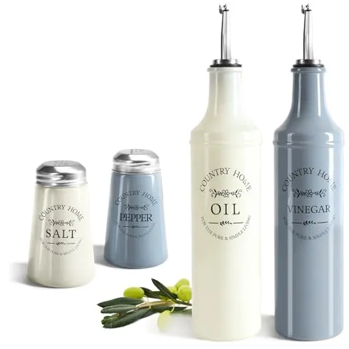 com-four® 4-teiliges Küchen-Set aus Glas - Öl- und Essigflasche mit Edelstahl-Ausgießer, Kläppchen, Belüftungsrohr - Salz- und Pfefferstreuer im Country-Landhausstil (4-teilig - Flaschen + Streuer)