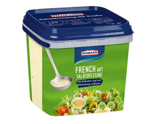 Homann French Dressing mit Senf und Honig, 4000ml - Fein abgestimmtes Salatdressing mit 25% Rapsöl und 0,8% Blütenhonig, ideal für kreative Salate und Dips. Praktische Großpackung für den Gastronomiebedarf.