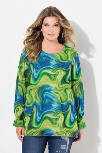 MIAMODA Druckbluse mit Alloverdruck - Bequeme Mesh-Bluse mit farbigem Alloverdruck, weiter Langarm und doppeltem Volant. Ideal für modische Akzente im Alltag.