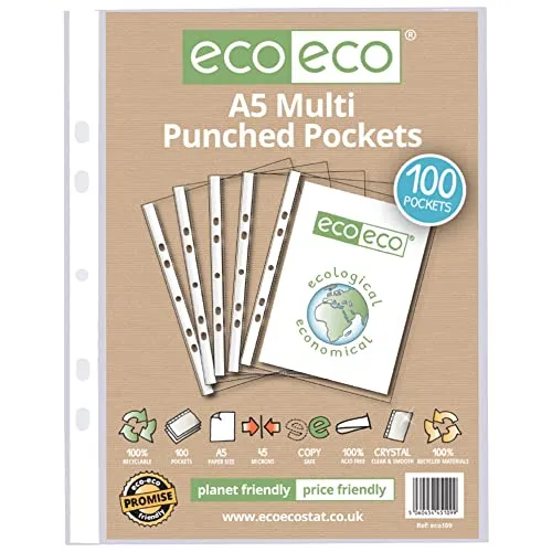 eco-eco Eco109 Klarsichthüllen, A5, 100% recycelt, mehrfach gelocht, transparent, Poly-Hülle, 45 Mikrometer, 100 Stück