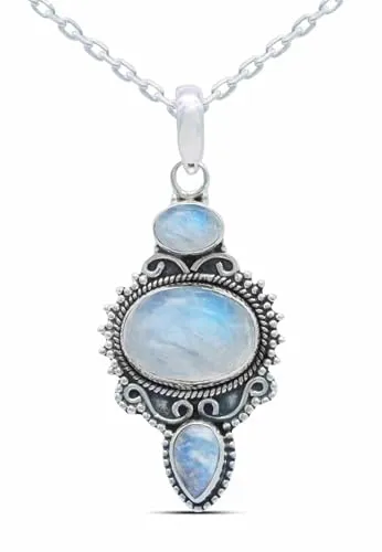 mantraroma echt Silberkette mit Regenbogen Mondstein Edelstein Damen Kettenanhänger 925 Sterlingsilber Halskette Geschenk (AK1-076-04-45)