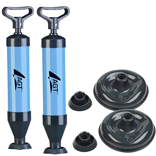 AGT Abfluss frei: 2er-Set 2in1-Saugglocke & Abflussreiniger, Luftdrucksystem, 4 Aufsätze (Abfluss-Stampfer, Saugglocke WC, Saugpumpe)
