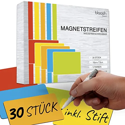 Magnetkarten 7,5 x 10 cm beschreibbar | Magnete für Whiteboards, Kühlschränke, Magnettafeln & metallische Oberflächen | inkl. Stift & Radierer | Bunte Magnetschilder zum Beschriften 30