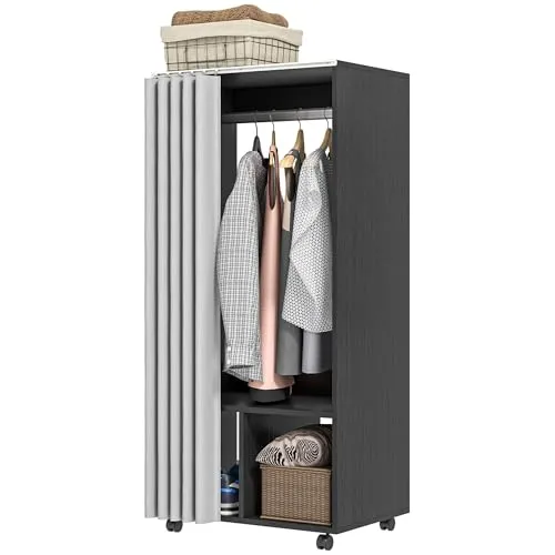 HOMCOM Mobiler Kleiderschrank, mit Vorhang, Aufbewahrungsschrank, 4 Rollen, mit Stange zum Aufhängen und Regalen, Kleiderschrank, rollbar, für Schlafzimmer, 60 x 40 x 128 cm, Schwarz