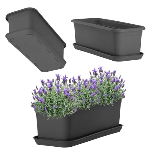 KADAX Blumenkasten 40 cm Anthrazit mit Untersetzer – Balkonkasten aus Kunststoff, Pflanzkasten für Innen- und Außenbereiche, Blumentopf für Balkon, Terrasse, Fensterbank