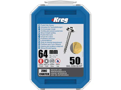 Kreg Pocket-Hole Schrauben 64 mm, Verzinkt, Maxi-Loc, Grobgewinde - 50Stk.