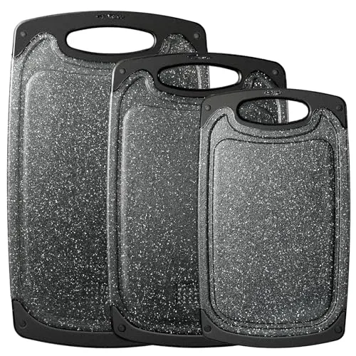 Schneidebrett kunststoff, Schneidebrett mit Marmorimitatstruktur und Saftrillen und rutschfeste Griffe, 3 Stücke, BPA-Free, Marmor,professionelles, spülmaschinenfest