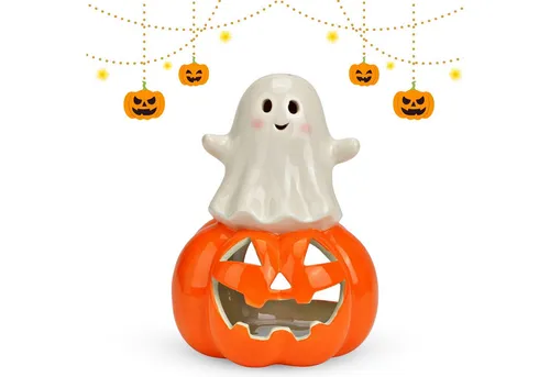 matches21 HOME & HOBBY Kerzenhalter Keramik Windlicht Geist & Kürbis, Weiß, Halloween Deko, 12 cm (1 St), Ideal für Halloween-Partys & Herbstdeko