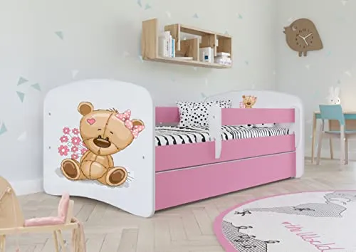 Bjird Kinderbett Jugendbett 70x140 80x160 80x180 Rosa mit Rausfallschutz Schublade und Lattenrost Kinderbetten für Mädchen - Teddybär mit Blumen 140 cm