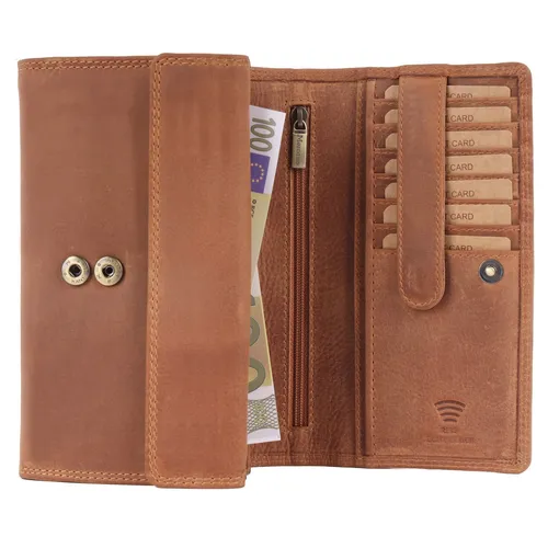 Braune Damen Geldbörse aus Echt Vintage Leder mit RFID-Schutz - Geldbörsen & Etuis mit handgefertigtem Design, ausgestattet mit Kreditkartenschutz durch RFID-Blockierung für maximale Sicherheit.