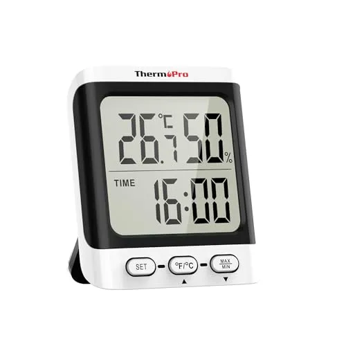 ThermoPro Thermometer Innen Hygrometer 0.5℃ Präzise Raumthermometer Uhrzeit Luftfeuchtigkeitsmesser Temperaturmessgerät Ideal für Wohnzimmer, Büro, Garage oder Gewächshaus, Schwarz TP152