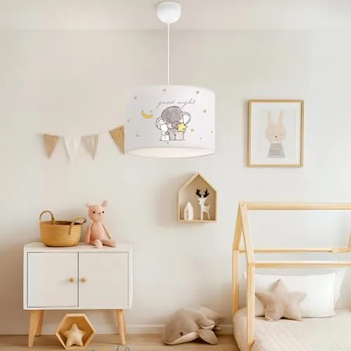 lux.pro Kinderzimmer Lampe Rugby Deckenleuchte E27 LED-geeignet Hängelampe mit Stoffschirm Elefanten-Motiv 70 cm hoch höhenverstellbar Weiß