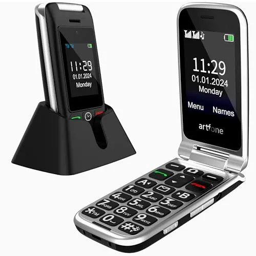 artfone C10 Seniorenhandy Klapphandy Ohne Vertrag丨2G GSM Handy für Senioren丨Dual SIM Großtasten Mobiltelefon丨2,4 Zoll Zweibildschirm丨SOS Notruftaste丨Ladestation丨FM Radio丨Sprachansage丨Kurzwahl -Schwarz