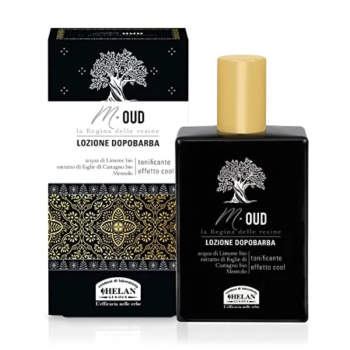 Helan, M Oud, Aftershave für Herren, sanftes und feuchtigkeitsspendendes Spray, belebende Bartlotion mit beruhigender Wirkung gegen Reizungen, mit Zitronen- und Mentholwasser, 75 ml, hergestellt in