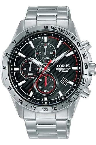 Lorus Mod. Rm391Hx9 Sportuhr - Armbanduhren mit Chronograph, Kalender und 100m Wasserbeständigkeit – perfekt für Sport und Alltag. Elegantes Design aus Edelstahl in Schwarz und Silber.
