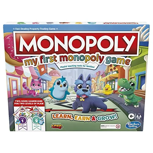 Mein erstes Monopoly-Spiel, Brettspiel für Kinder ab 4 Jahren, 2-seitiges Spielbrett, spielerisches Lehrwerkzeug für Familien, mehrfarbig