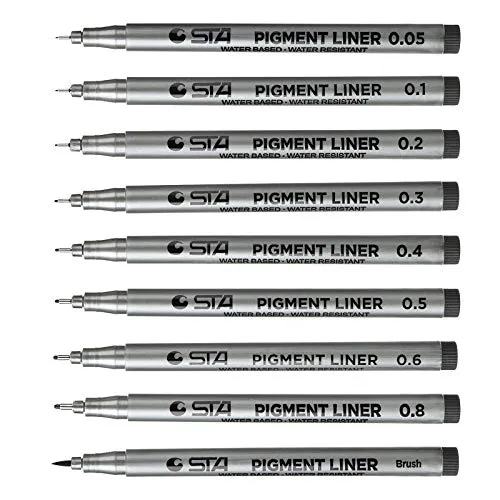 Willingood Fineliner Pigment Liner Set [9 Stück] mit 8 Linienbreiten und 1 Brush（schwarz Fineliner Stifte Artist Set Pigment Liner