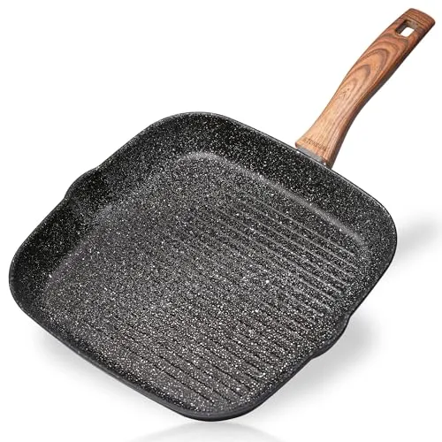 STONELINE Pfanne Back to Nature 18340, 28 x 28cm - Induktionsgeeignete Grillpfanne mit kratzfester Antihaftbeschichtung für fettfreies Braten. Optimaler Hitzeverteilung dank 4,8 mm Bodenstärke und ergonomischem Griff in Holzoptik.