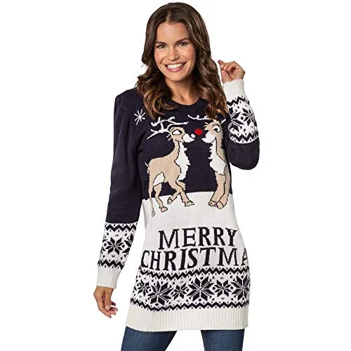 dressforfun 900831 Damen Weihnachtspullover Merry Christmas - Weihnachtlicher Strickpullover mit süßen Rentier-Motiven und einem großen „Merry Christmas“-Schriftzug. Der ideale Begleiter für festliche Anlässe, weich und angenehm zu tragen.