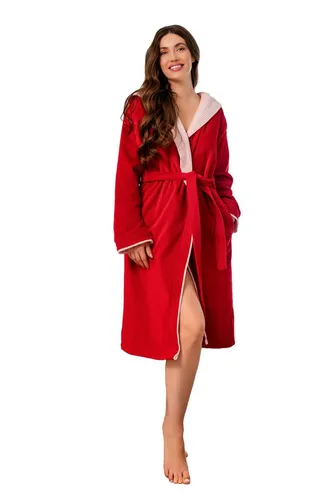 KLASBROOK Damenbademantel Lina mit Kapuze, flauschig und rot, Größe L - Flauschiger Damenbademantel aus 100% Baumwolle mit praktischer Kapuze und Reißverschlusstasche. Ideal für gemütliche Stunden zu Hause. OEKO-TEX® Standard 100 zertifiziert für geprüfte Qualität.