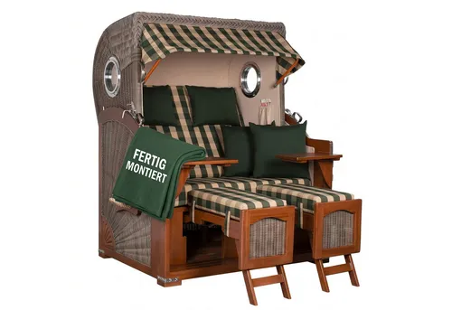 Strandkorb Düne Mahagoni wetterfest 2 Sitzer mit Bullaugen - Hochwertiger 2-Sitzer Strandkorb aus wetterfestem Mahagoni mit UV-beständigem PE-Geflecht in Grey. Genießen Sie entspannte Momente dank der Volllieger-Funktion und pflegeleichter Bezüge. Ideal für Garten, Balkon oder Strand.
